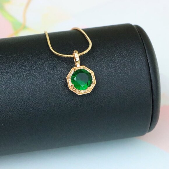 "Elegant Green Gem Pendant in Rose Gold Octagon Frame, XPPT1388 - Picture 3 of 13